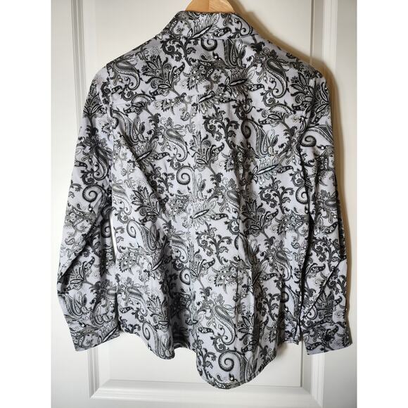 FOXCROFT Gray White Paisley Floral Wrinkle Free Cotton Active Retro Top SZ 6P - Picture 2 of 9